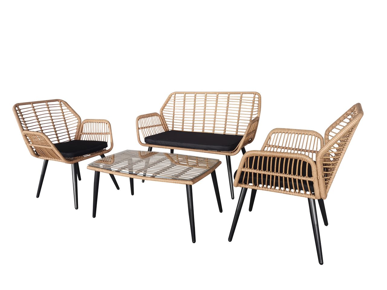 Happy Home Happy Home Loungeset 4tlg. HGS46-SCH helles Rattan mit Sitzkissen in schwarz