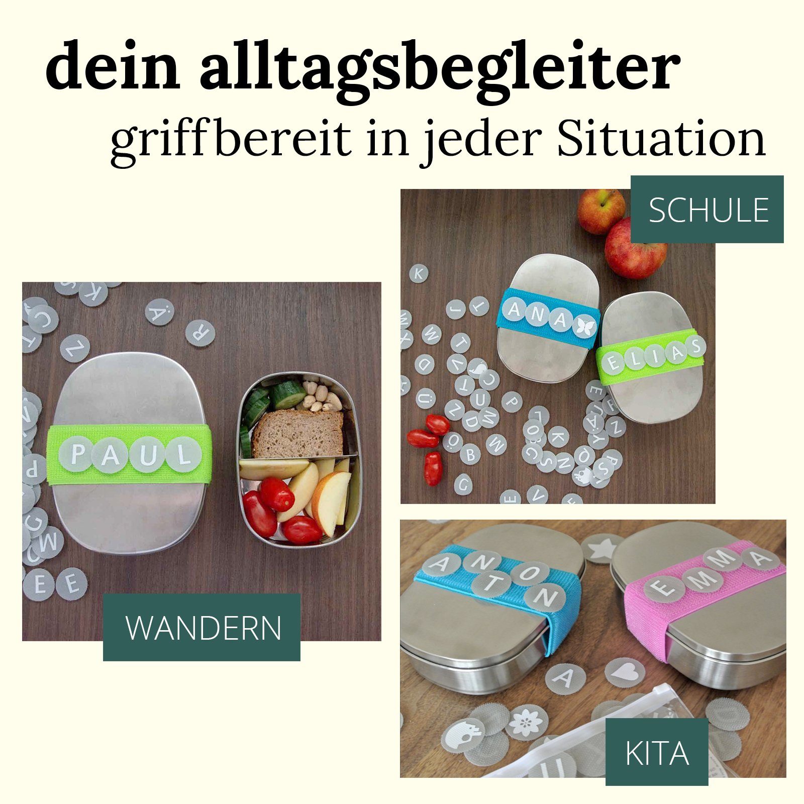 BewusstGrün Lunchbox DottyBox Edelstahl Brotdose mit Fächern für Kinder, DottyBox mit Steg, (Original DottyBox-System mit Klettband), Personalisierbare Brotdose für Kindergarten und Schule