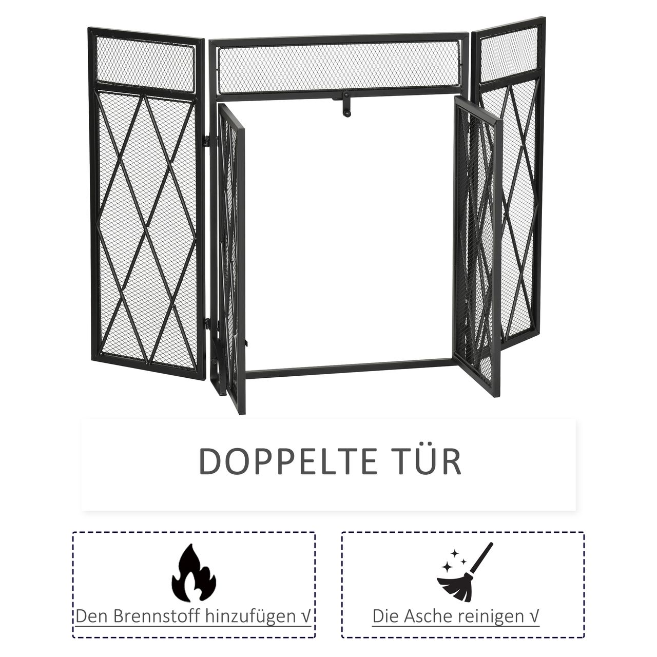 HOMCOM Kaminschirm Schmiedeeisen dreiteilige Design Doppeltüren Metall Schwarz