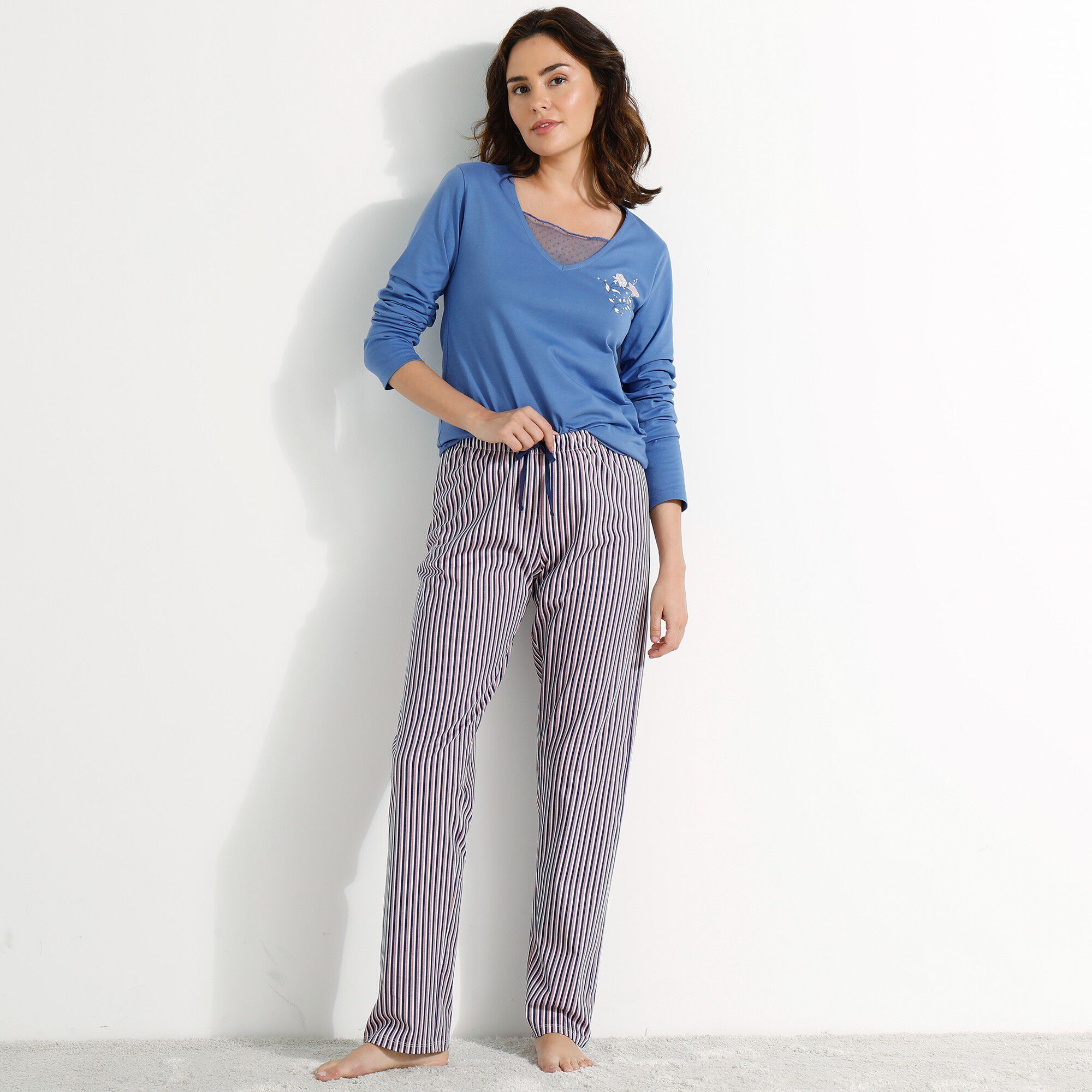 Pantalon pyjama coton imprimé rayures