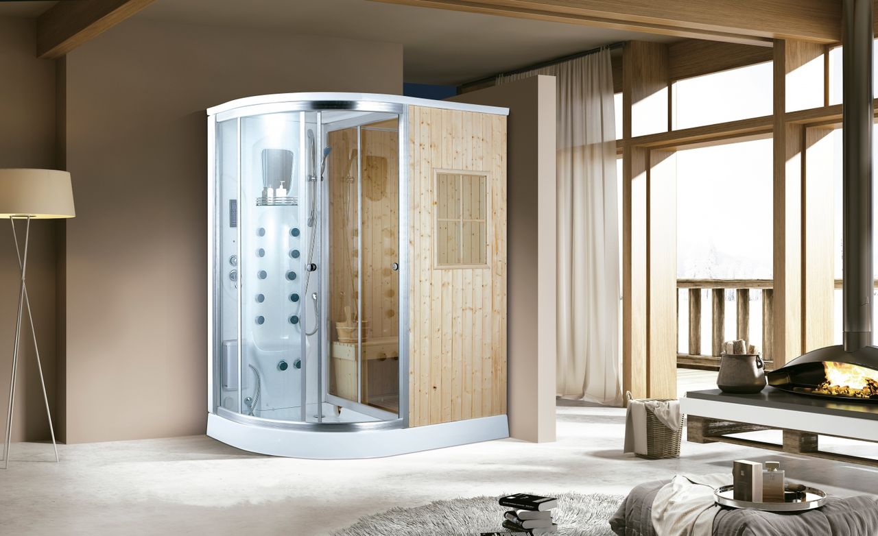 PureHaven Luxus Dampfdusche mit Saunafunktion 170x100 cm Massagedüsen LED-Lichtern Tropenbrause Sitzfläche Radio LCD-Bildschirm Rücken und Fußmassage