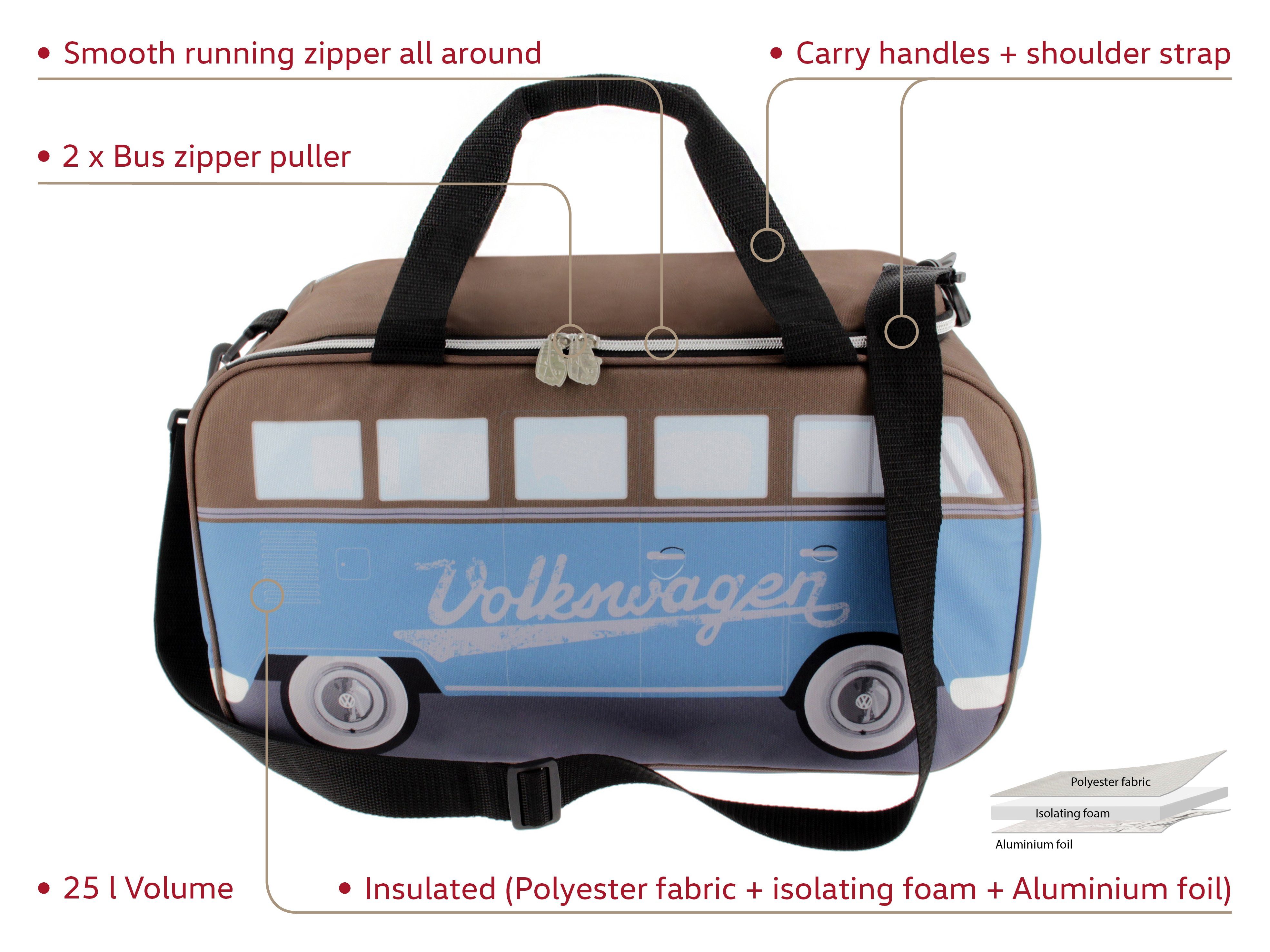 VW Collection by BRISA Kühltasche Volkswagen Thermotasche im T1 Bulli Bus Design, isolierte Picknick-Tasche, 25L