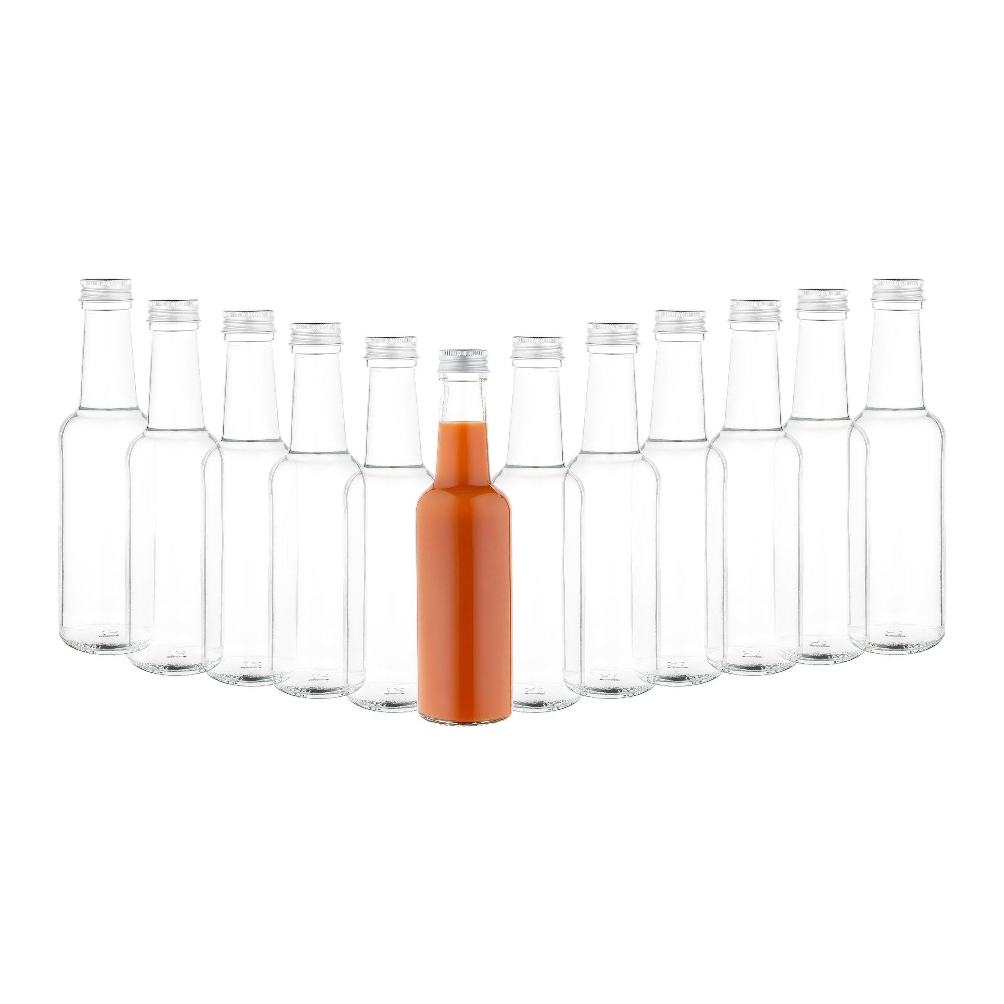 MamboCat Vorratsglas 12er Set Geradhalsflasche 250ml + Schraubverschluss Deckel Silber, Glas