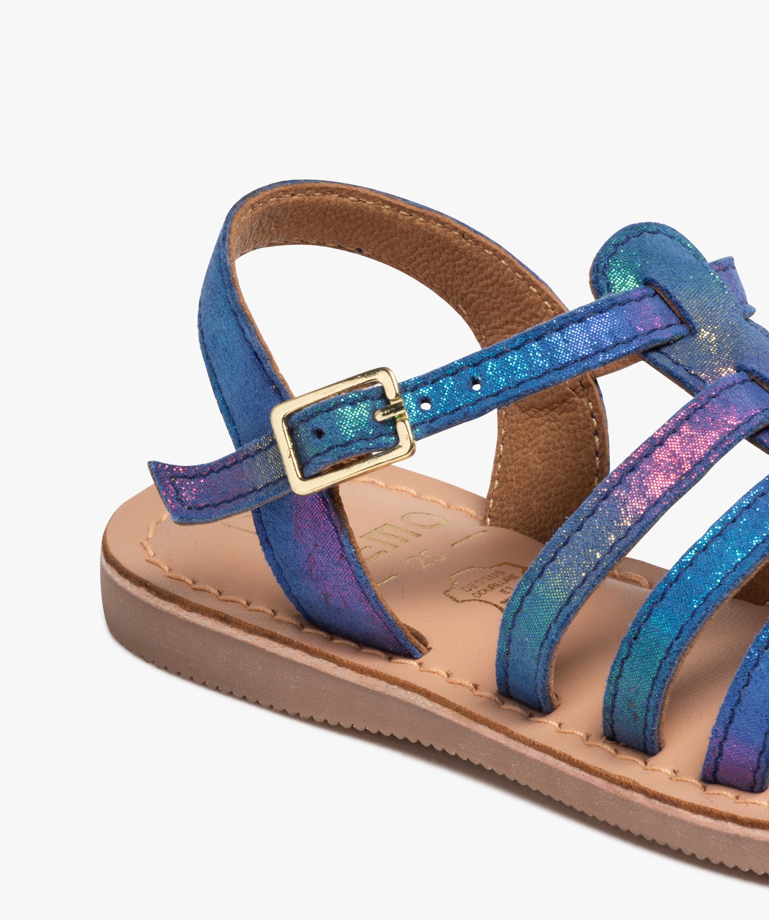 Sandales filles à brides multiples en cuir irisé bleu | GEMO