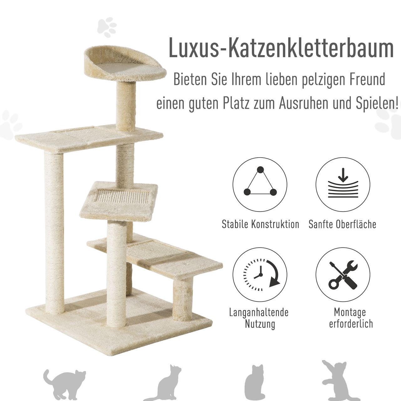PawHut Kratzbaum mit Sisalsäulen, Katzenkratzbaum, Katzen Kletterbaum, Katzenbaum, Beige, 50 x 50 x 100 cm