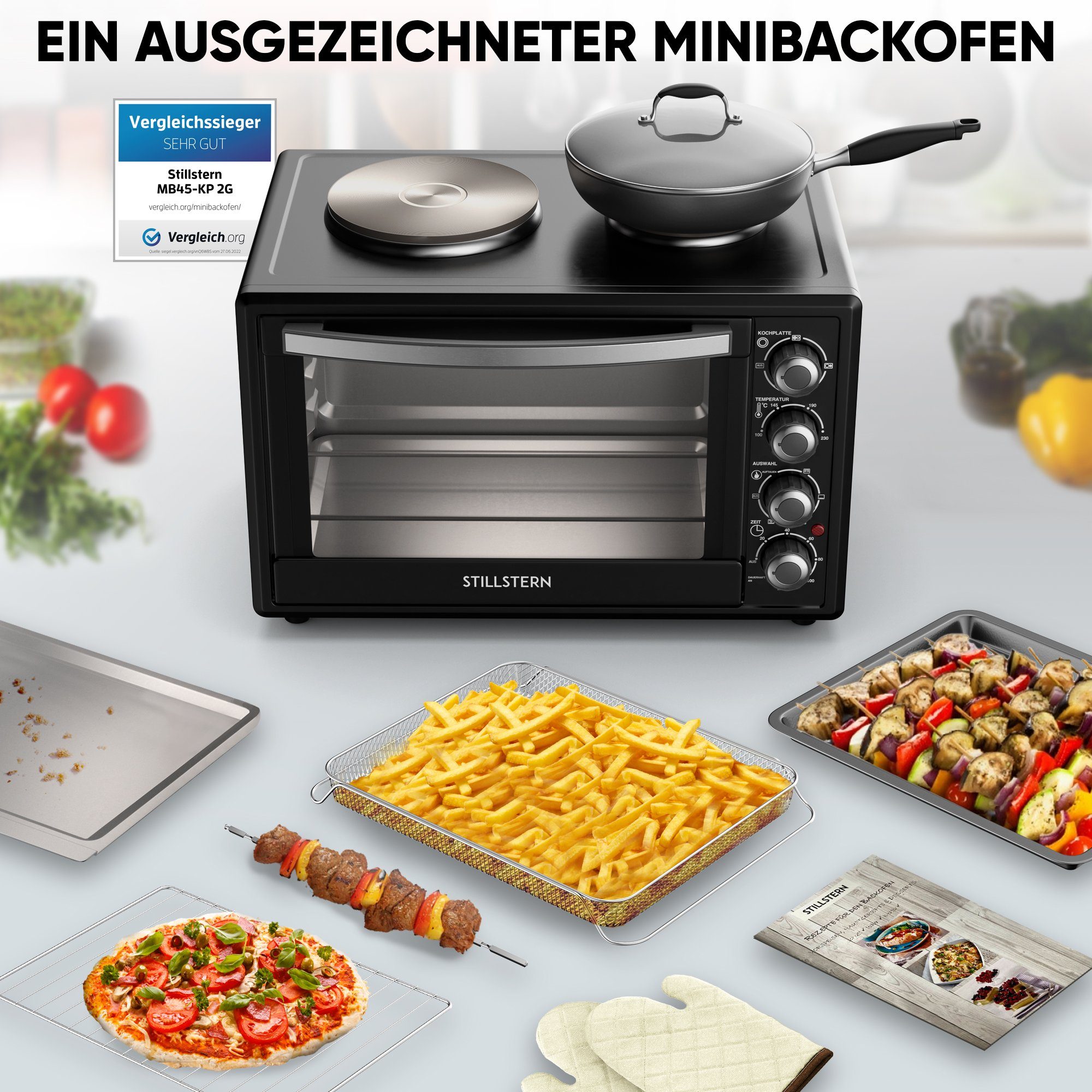 Stillstern Minibackofen MB45-KP 2G, Minibackofen mit Kochplatten und Umluft (45L)