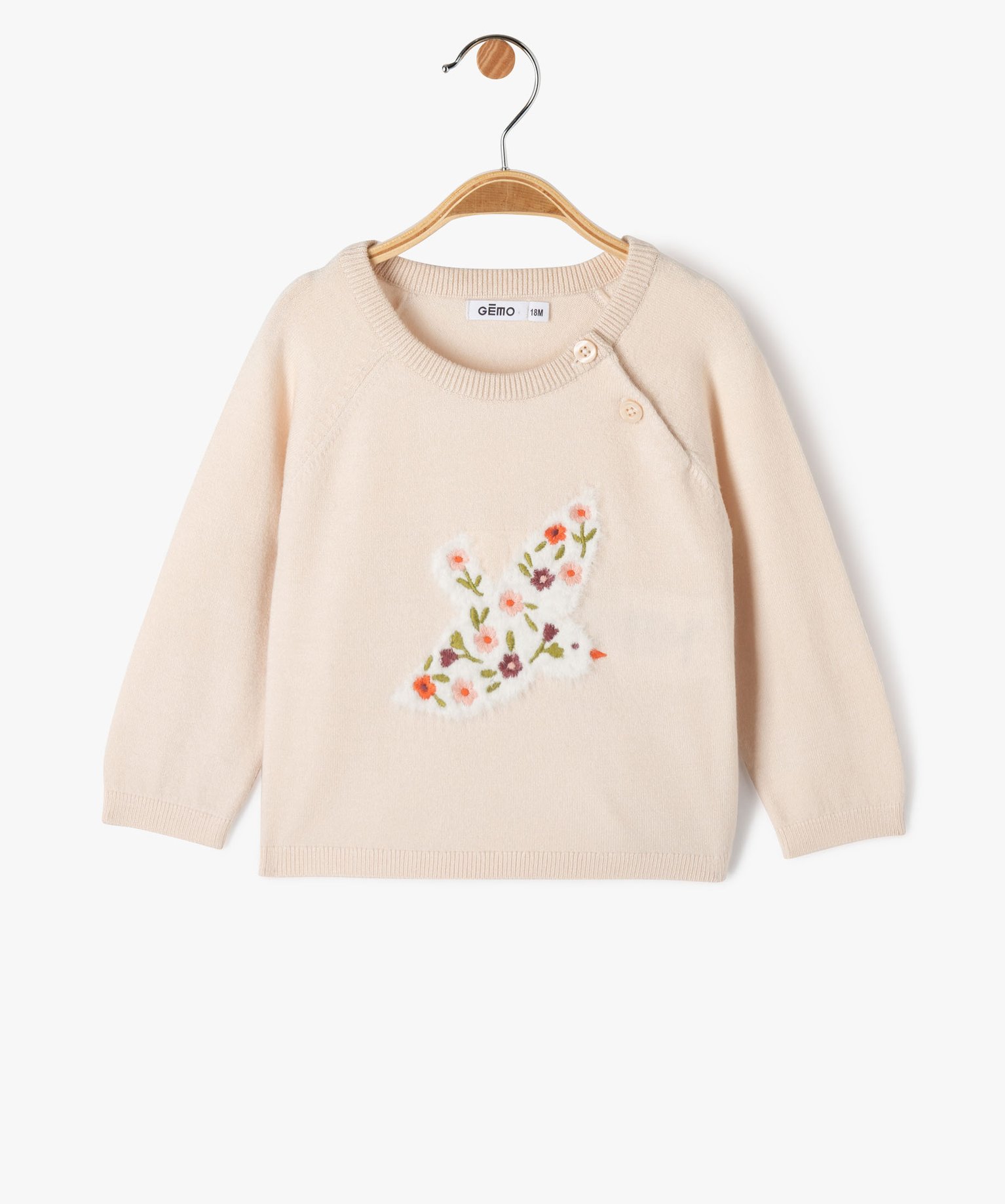 Pull en maille fine à motif brodé et peluche bébé fille ecru | GEMO
