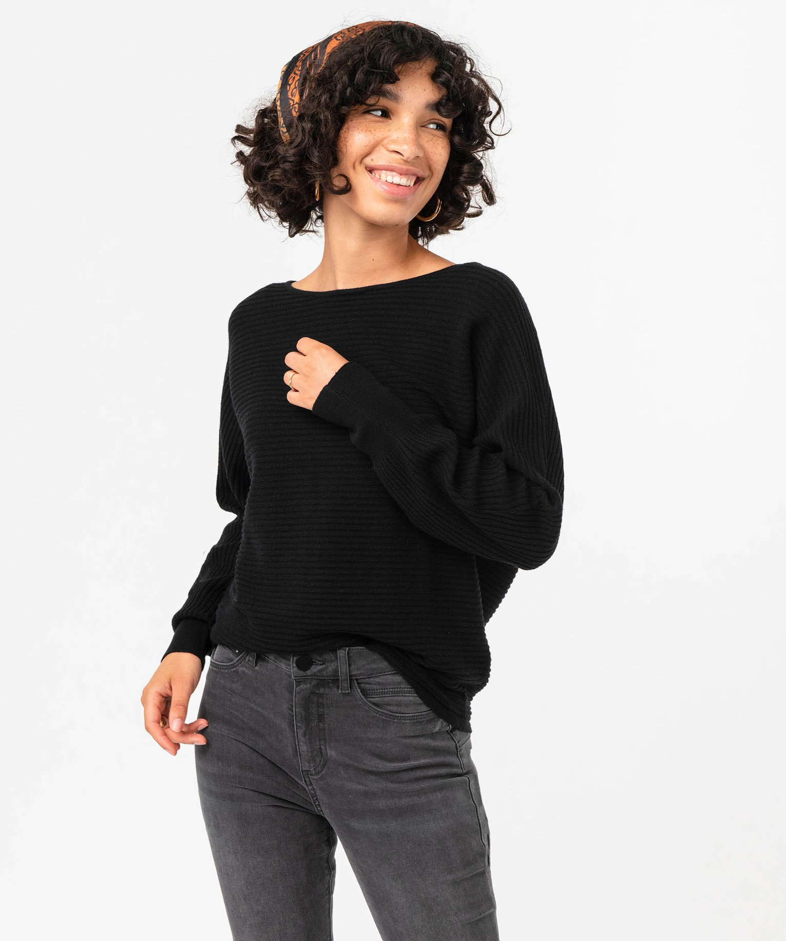 Pull en maille ctelée avec manches chauve-souris femme noir | GEMO