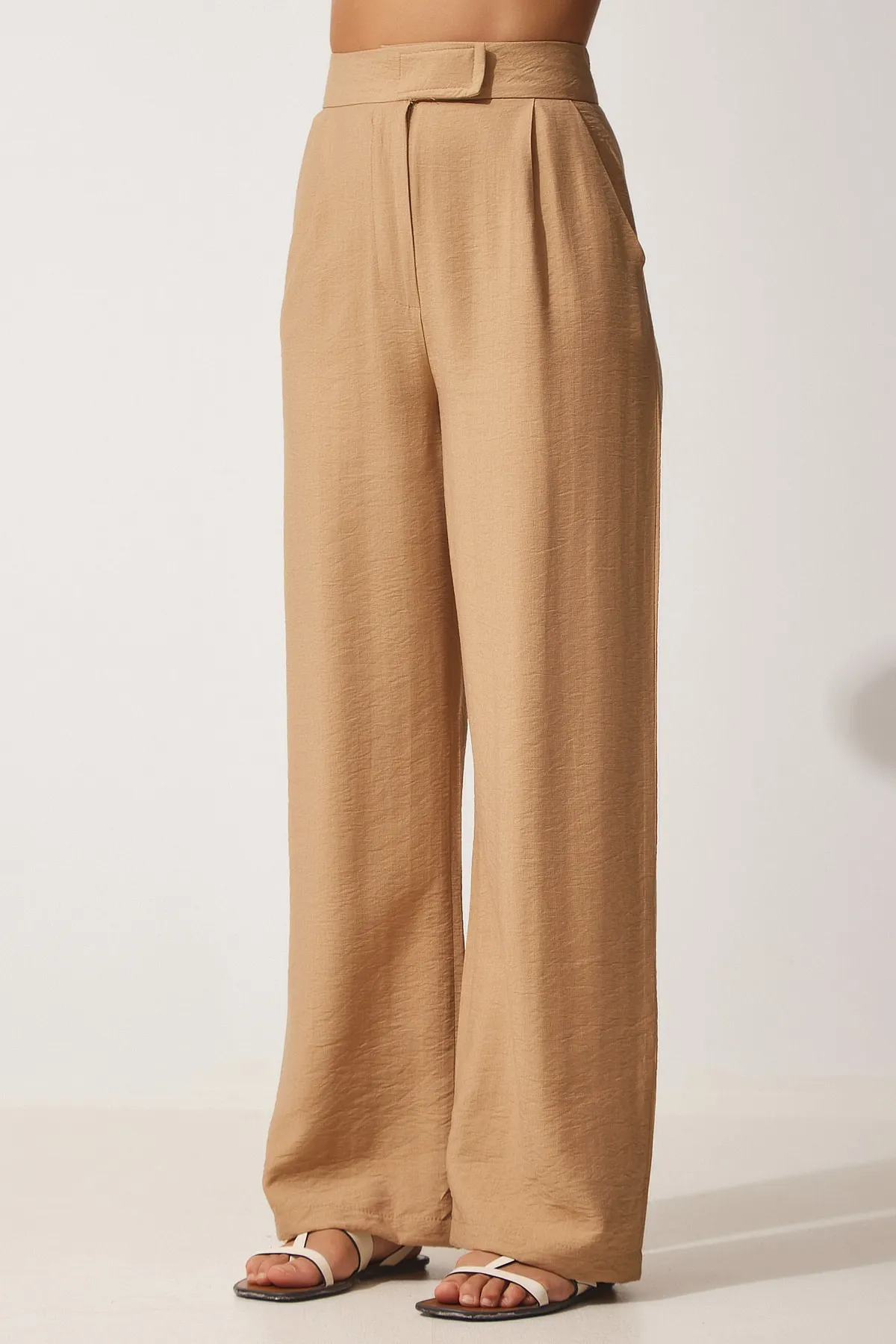 Happiness İstanbul  Lose Damen-Leinenhose mit Keksverschluss und Klettverschluss BV00074