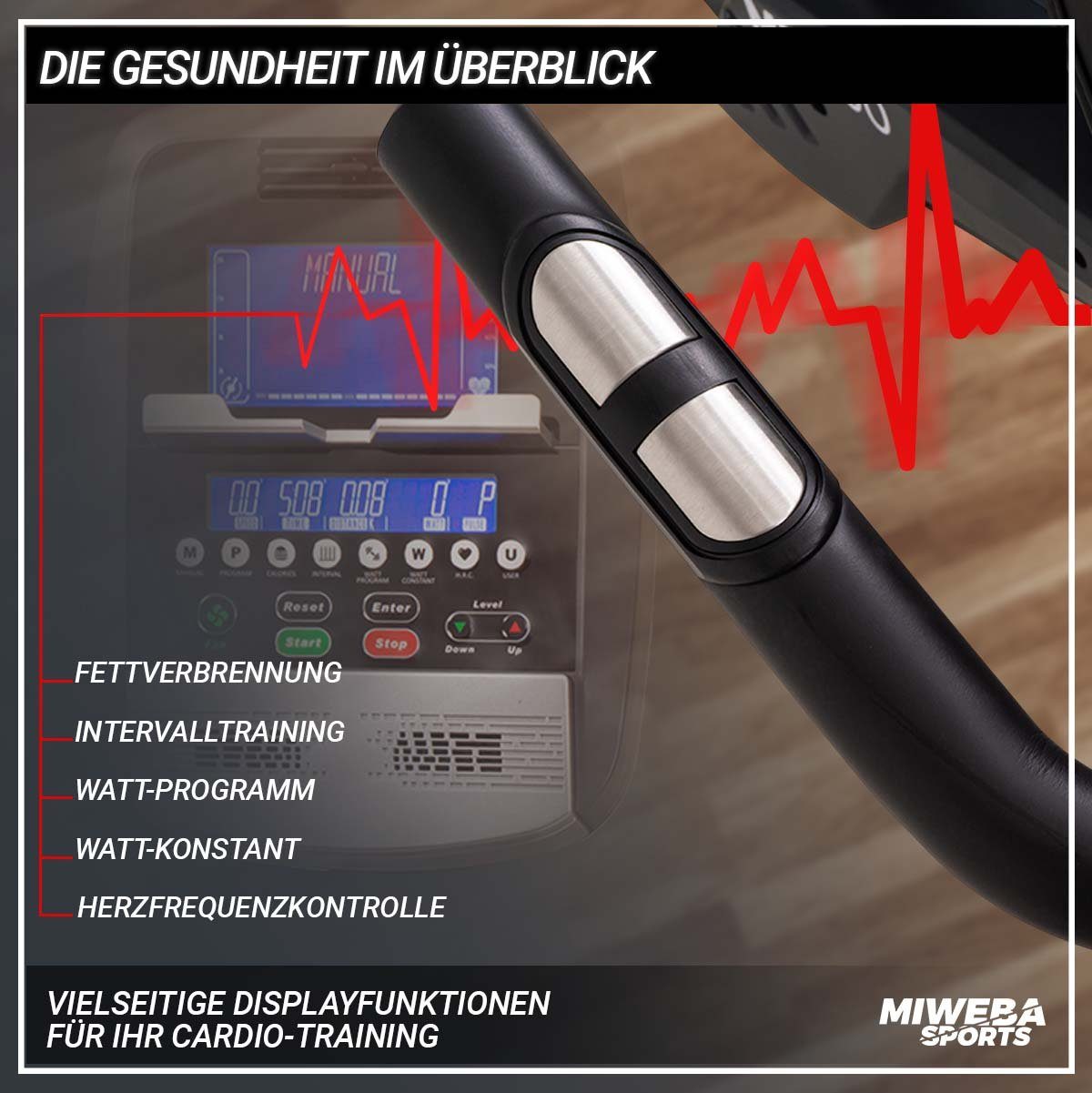 Miweba Sports Ergometer Liegeergometer ME700 mit Herzfrequenzkontrolle - 16 Kg Schwungrad (Fettverbrennung, Intervalltraining, Watt-Programm, Watt konstant, H.R.C. (Herzfrequenzkontrolle), 150 Kg max. Belastbarkeit, Heimtrainer, Liegeheimtrainer, Car