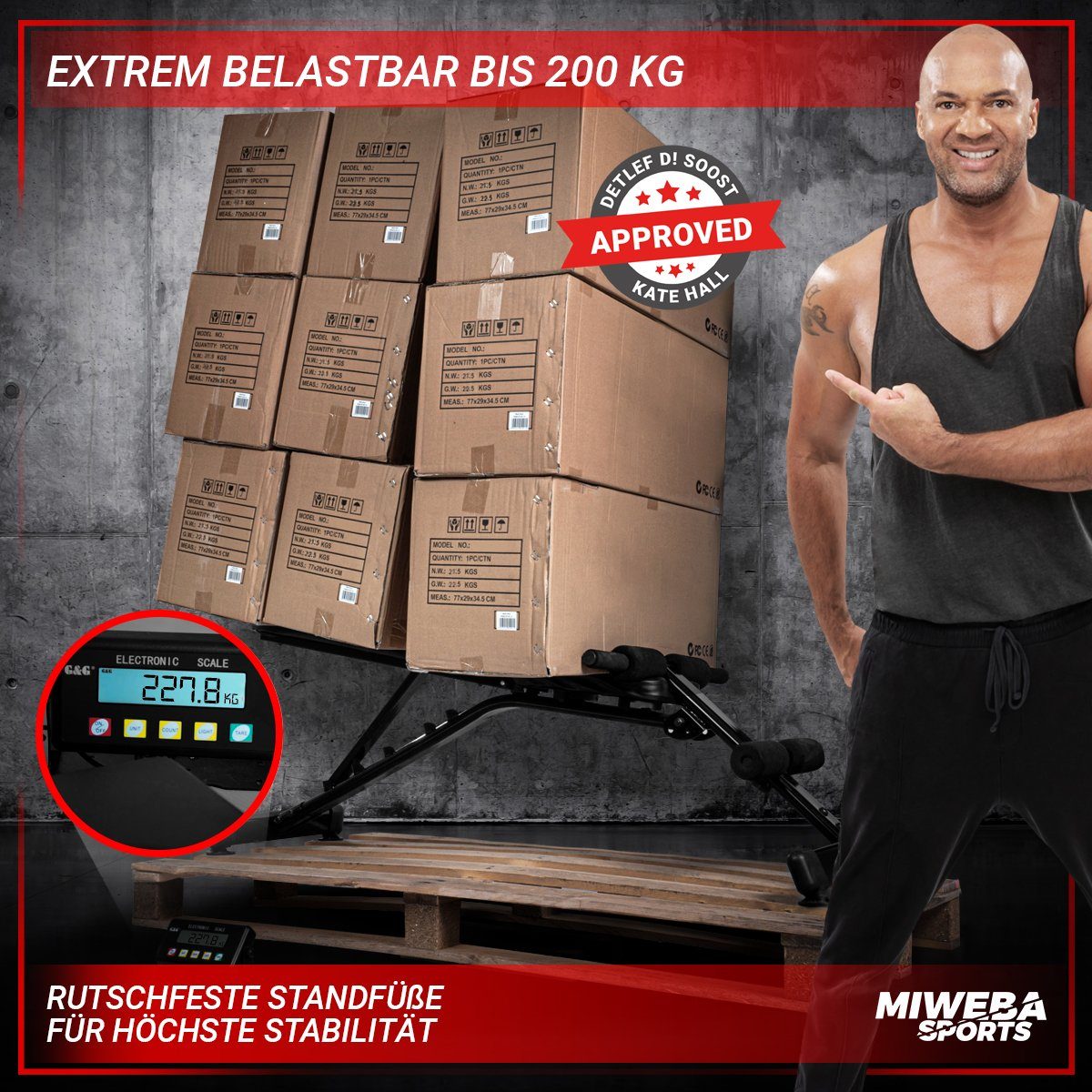 Miweba Sports Hantelbank Profi Trainingsbank MB200 - verstellbare & klappbare Flachbank, (6-fach verstellbare Lehne, Widerstandsbänder, 200 Kg max. Benutzergewicht, 3 Trainingspositionen, rutschfeste Standfüße, Bauchtrainer, Workout, Krafttraining, H