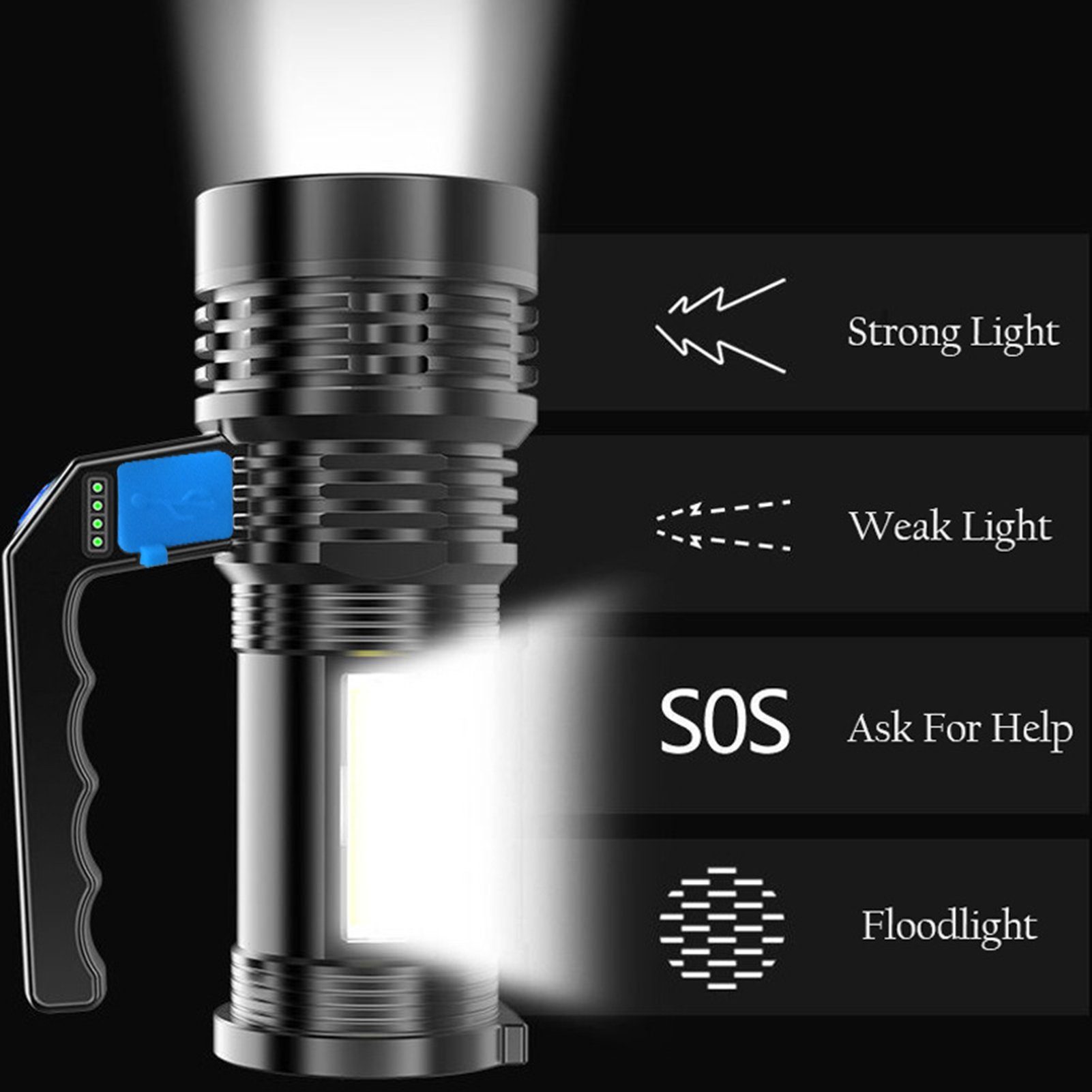 farfi LED Taschenlampe LED Taschenlampe IPX-6 Wasserdichte, Außenbereich Camping Taschenlampe (1-st), Starkes Licht, schwaches Licht, SOS, Flutlicht