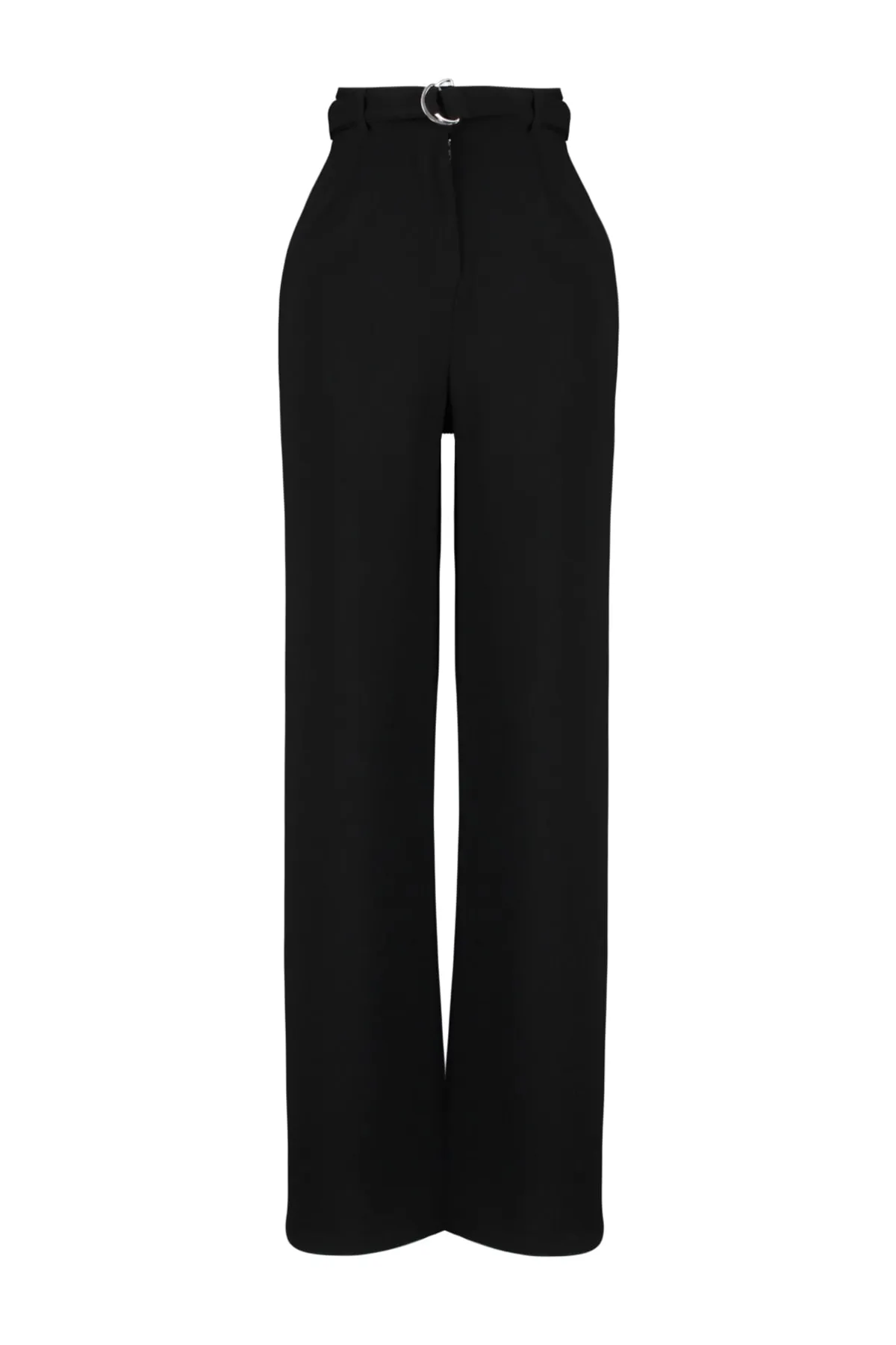 Trendyol Collection  Schwarze Strickhose mit weitem Bein und hohem Bund und Gürtel aus elegantem Kreppstoff TWOSS23PL00330