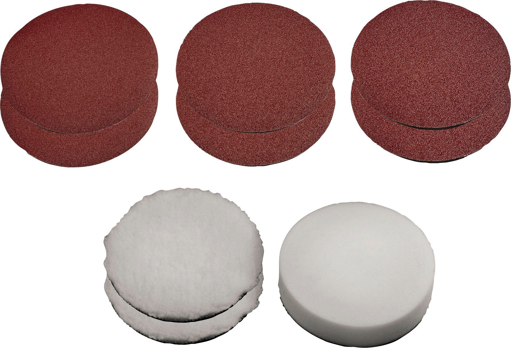 Einhell Schleifpapier Polier-/Schleifzubehör 150mm, (Set, 9 St., mit je 2 Schleifpapierscheiben mit 60er, 80er und 120er Körnung), Schaumstoffaufsatz, Synthetikpolierhauben, Schleifpapierscheiben