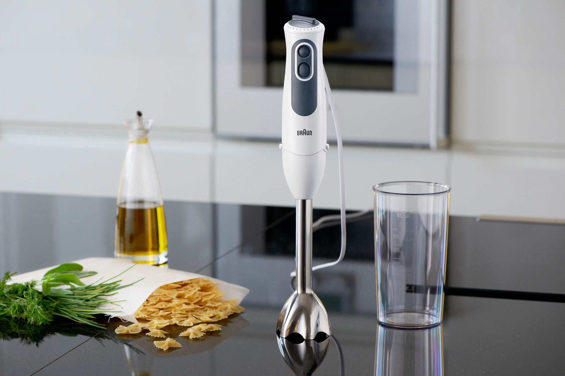 Braun Stabmixer MQ 3135 WH Sauce MultiQuick 3, 750 W, mit Schneebesen, 500 ml Zerkleinerer und 600 ml Mixbecher