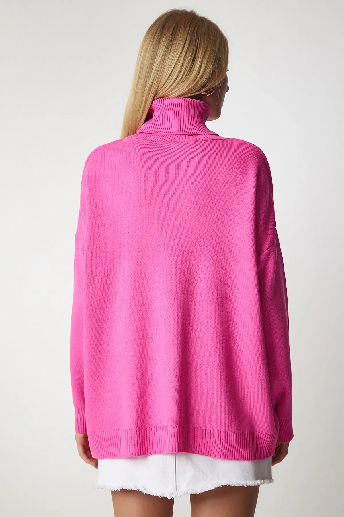 Happiness İstanbul  Rosa Rollkragenpullover in Übergröße für Damen BV00084