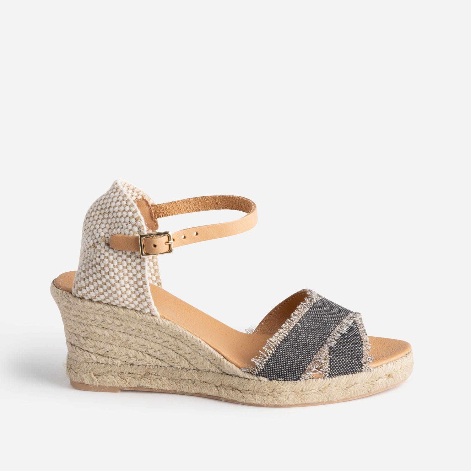 Sandale compensée beige pailleté doré en toile