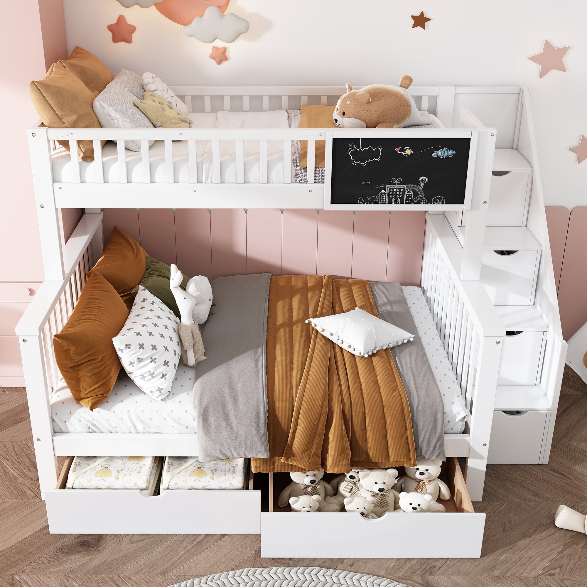 REDOM Etagenbett Kinderbett, mit Tafel Treppe Schubladen 90x200cm+140x200cm