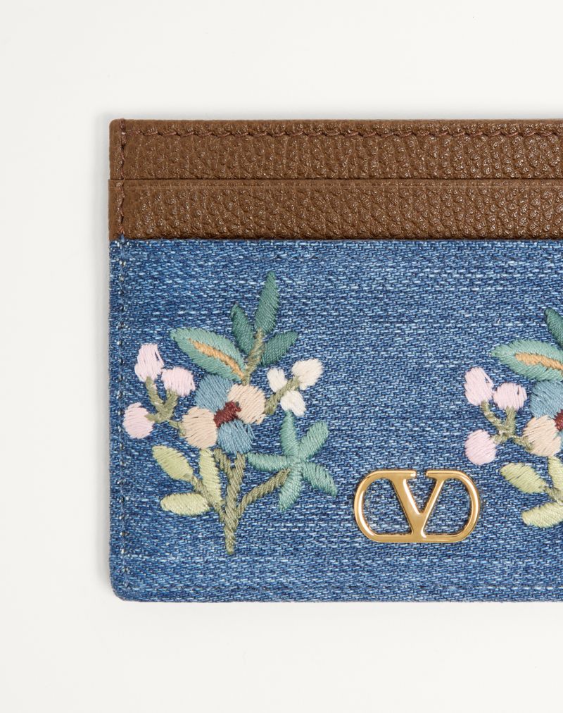 Porta-cartões de assinatura Valentino Garavani VLogo em jeans com bordado floral