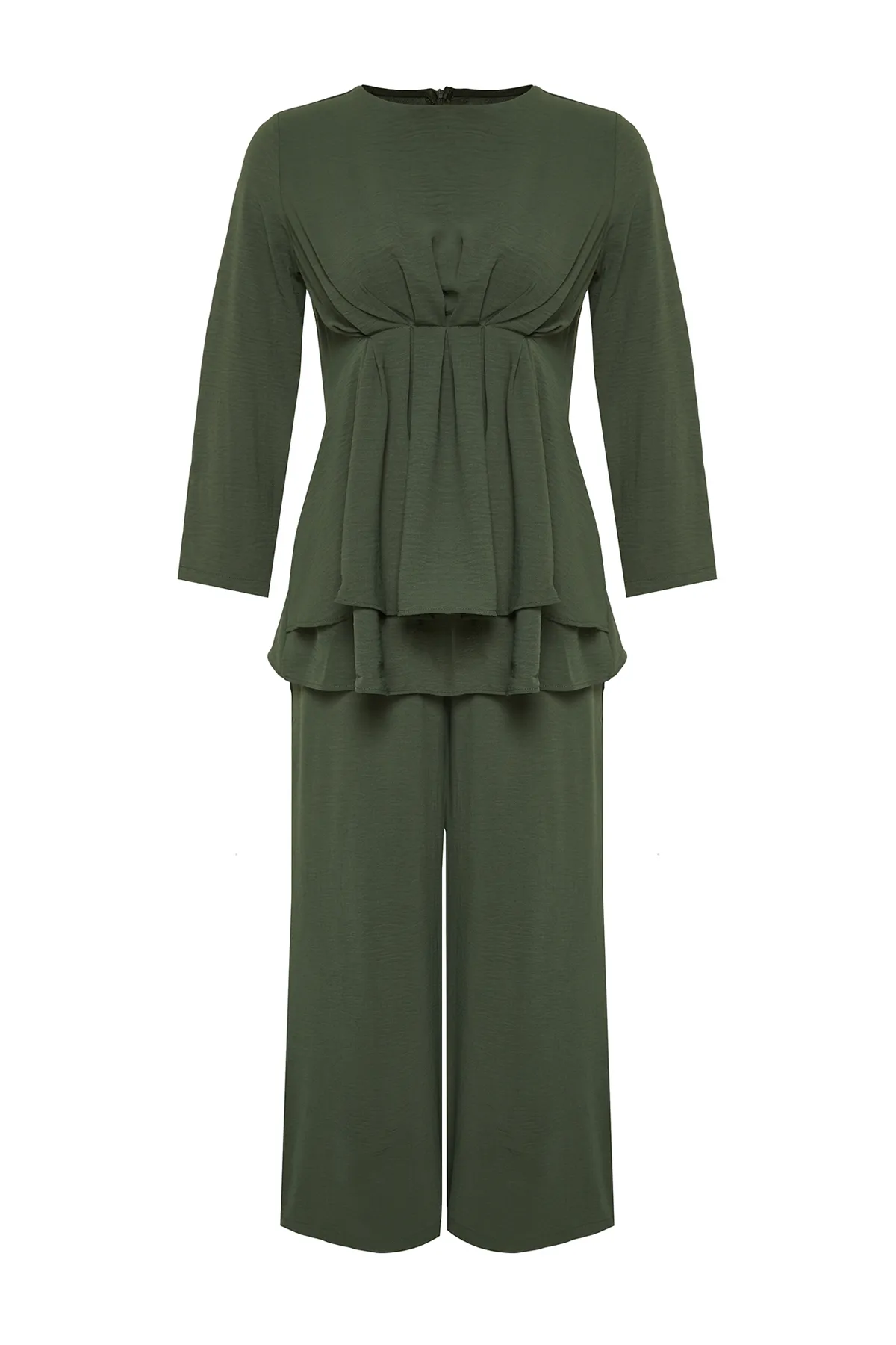 Trendyol Modest  Khakifarbenes Aerobin-Tunika-Set mit Kordelzug und Hose aus gewebtem Unterteil und Oberteil TCTSS24US00009