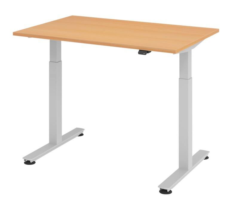Hammerbacher Elektrisch Höhenverstellbarer Sitz-Stehschreibtisch Buche Melamin Silberner T-Fuß 1.200 x 800 x 650 mm Mit Aufbau