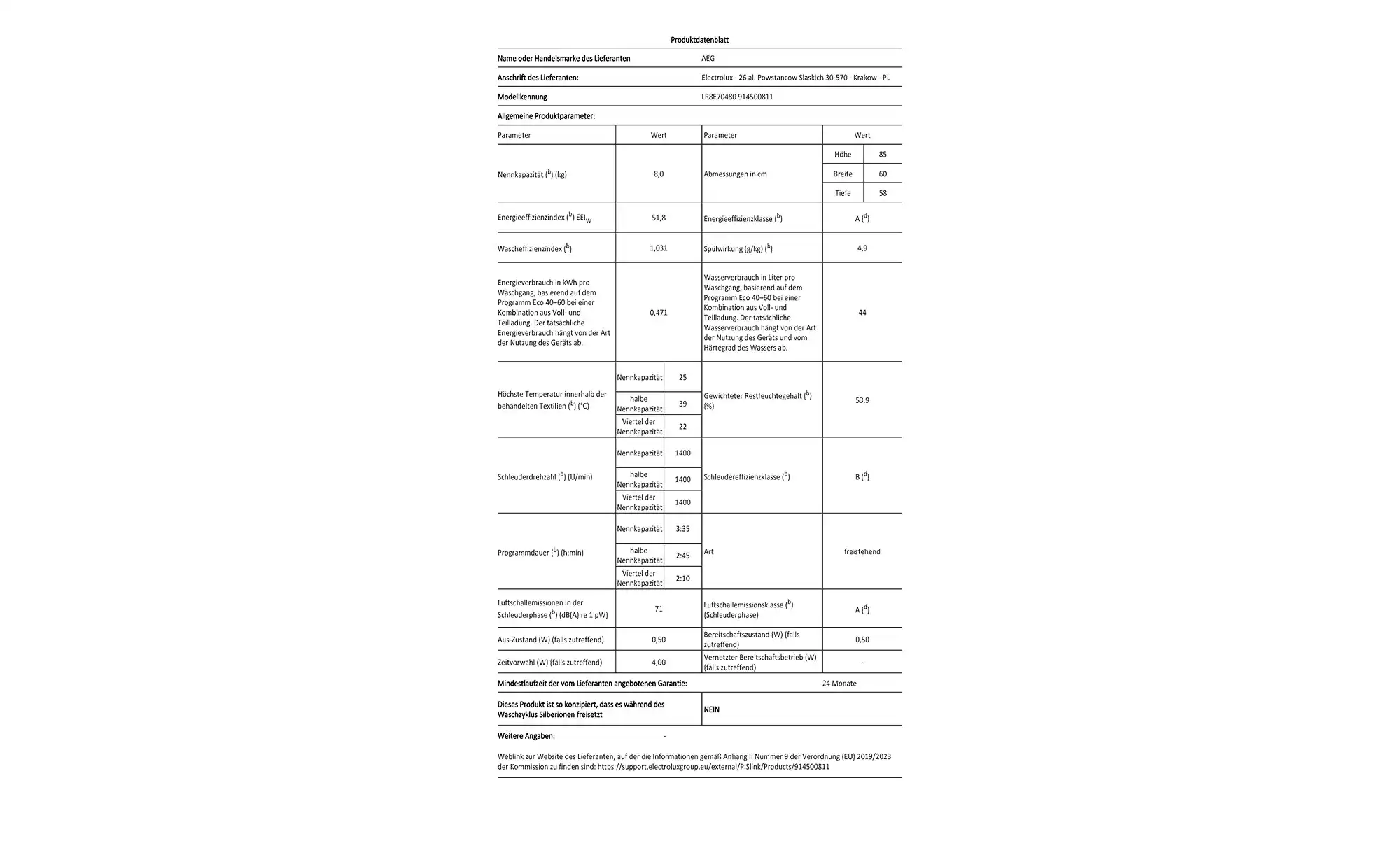 AEG Waschvollautomat LR8E70480
