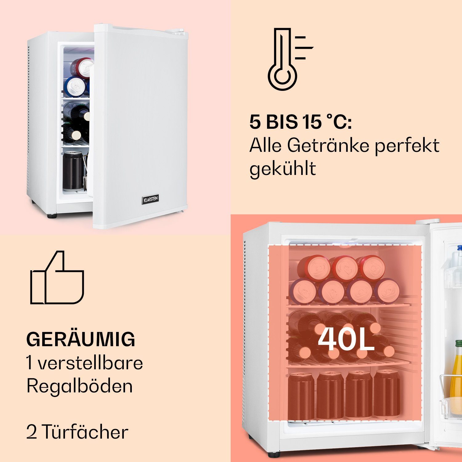 Klarstein Table Top Kühlschrank HEA-HappyHour-42Wht 10035245A, 53.5 cm hoch, 40 cm breit, Hausbar Minikühlschrank ohne Gefrierfach Getränkekühlschrank klein