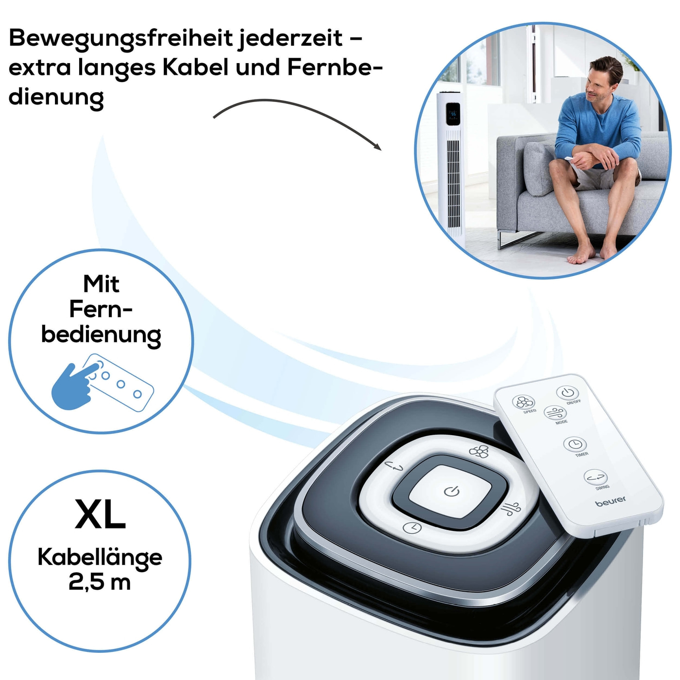 Beurer LV 200 Turmventilator-3 Lüfterstufen Ventilator mit Temperaturanzeige, Fernbedienung & 2,5 m Kabel