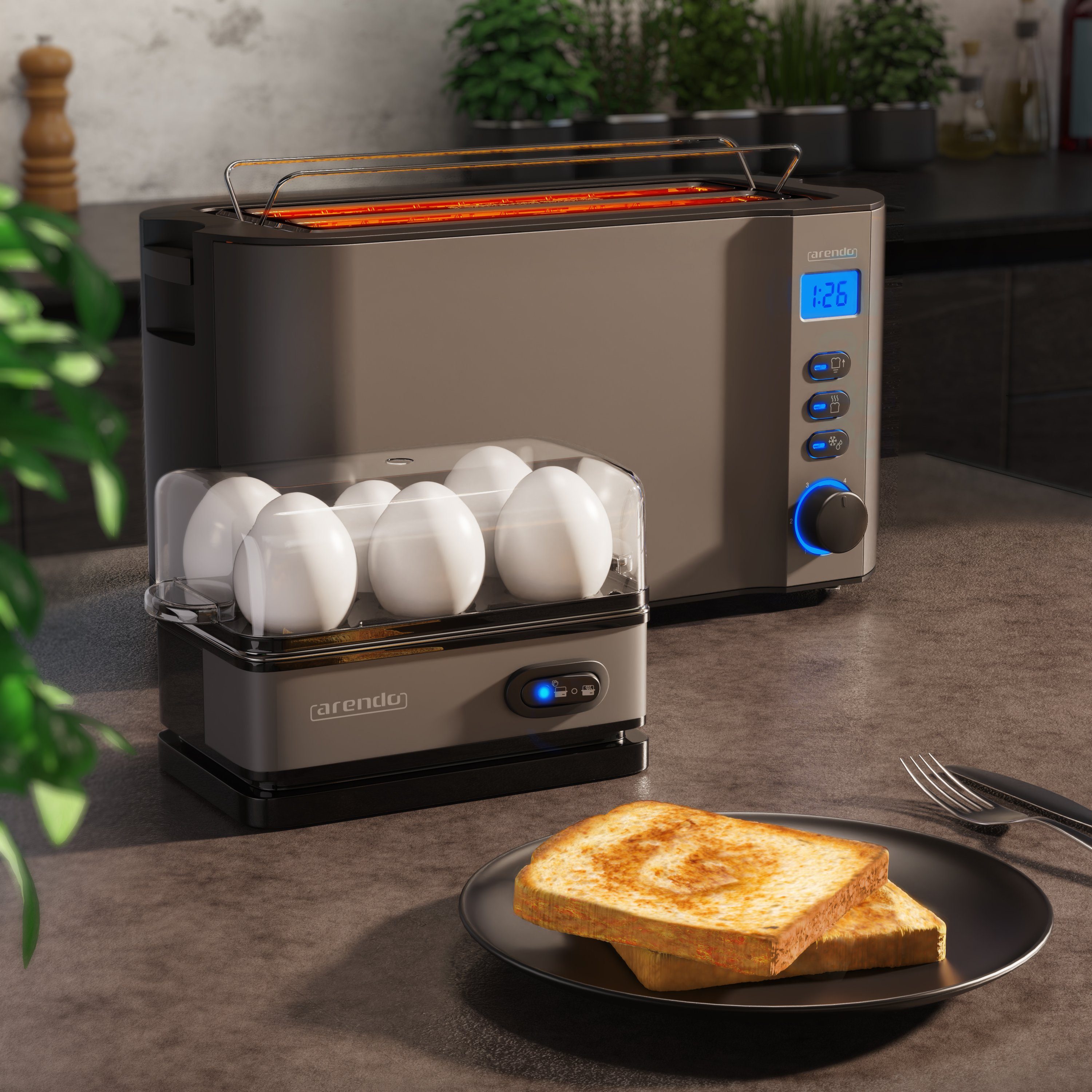 Arendo Frühstücks-Set (2-tlg), 4-Scheiben Langschlitz Toaster, 6er Eierkocher, Grau