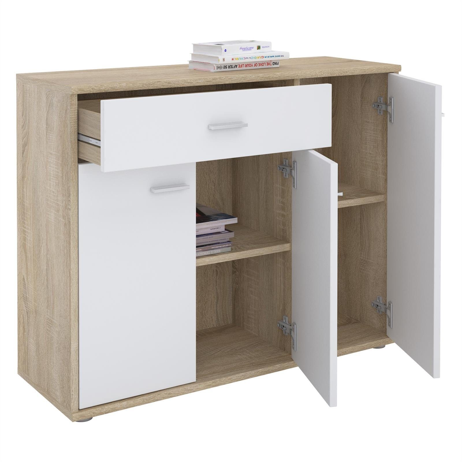 CARO-Möbel Kommode ESTELLE, Sideboard Mehrzweckschrank, 3 Türen und 1 Schublade, 88 cm breit