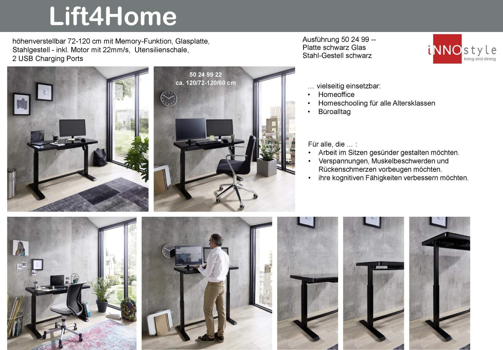 Bega Consult Computertisch Elektrisch verstellbarer Schreibtisch Stehtisch LIFT4HOME schwarz