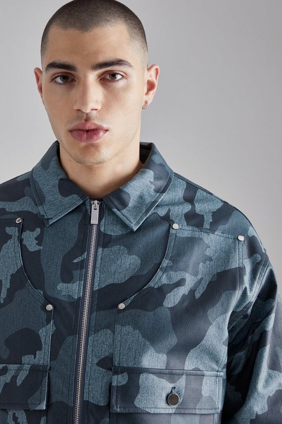 Kastige Camouflage PU Harrington-Jacke