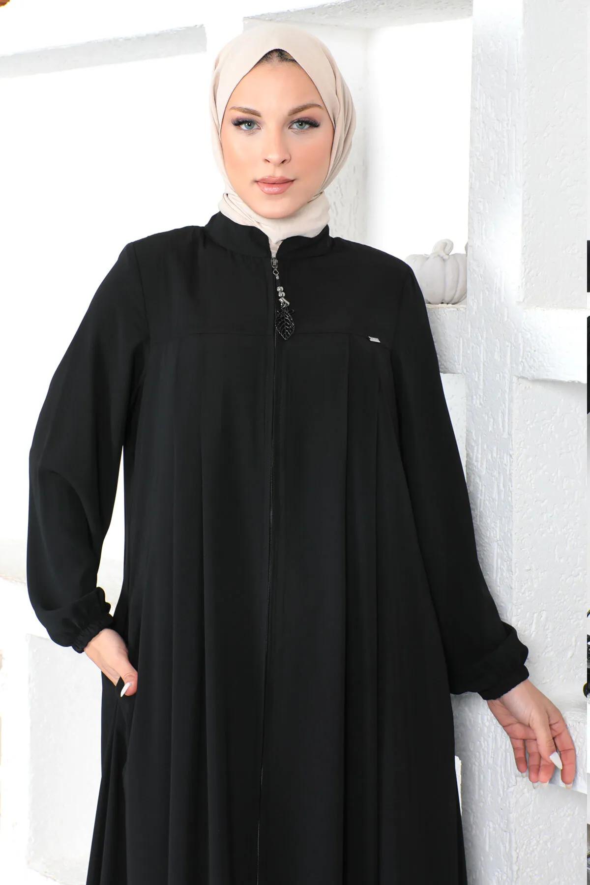 Tesettür Dünyası  Hijab Abaya mit elastischen Ärmeln Tsd230334 Schwarz