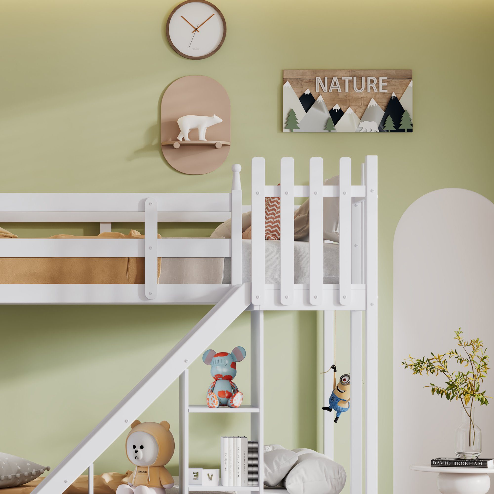 OKWISH Bett Kinderbett, Etagenbett, Holzbett mit Treppe und Zäune (mit Bettvorhang, Rutsche und Regal, mit Fallschutz und Gitter, Rahmen aus Kiefer, 90x200cm), Ohne Matratze