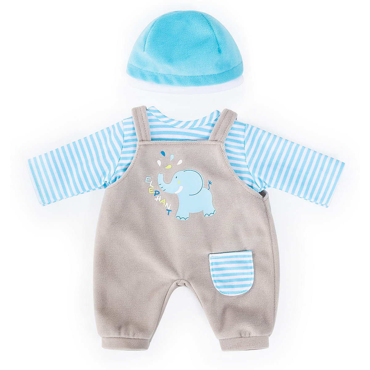 Kleider für Puppen 40-46 cm: 3-tlg. - Latzhose, Oberteil, Mütze, blau/grau
