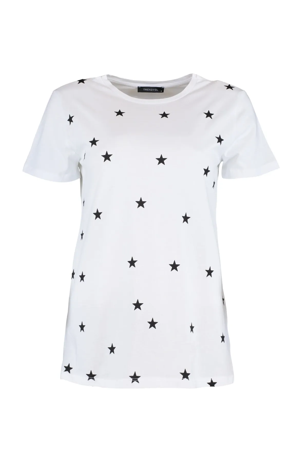 Trendyol Collection  Weißes Strick-T-Shirt mit Rundhalsausschnitt und Stern-Aufdruck, Regular/Regular Fit, 100 % Baumwolle TWOSS20TS0757