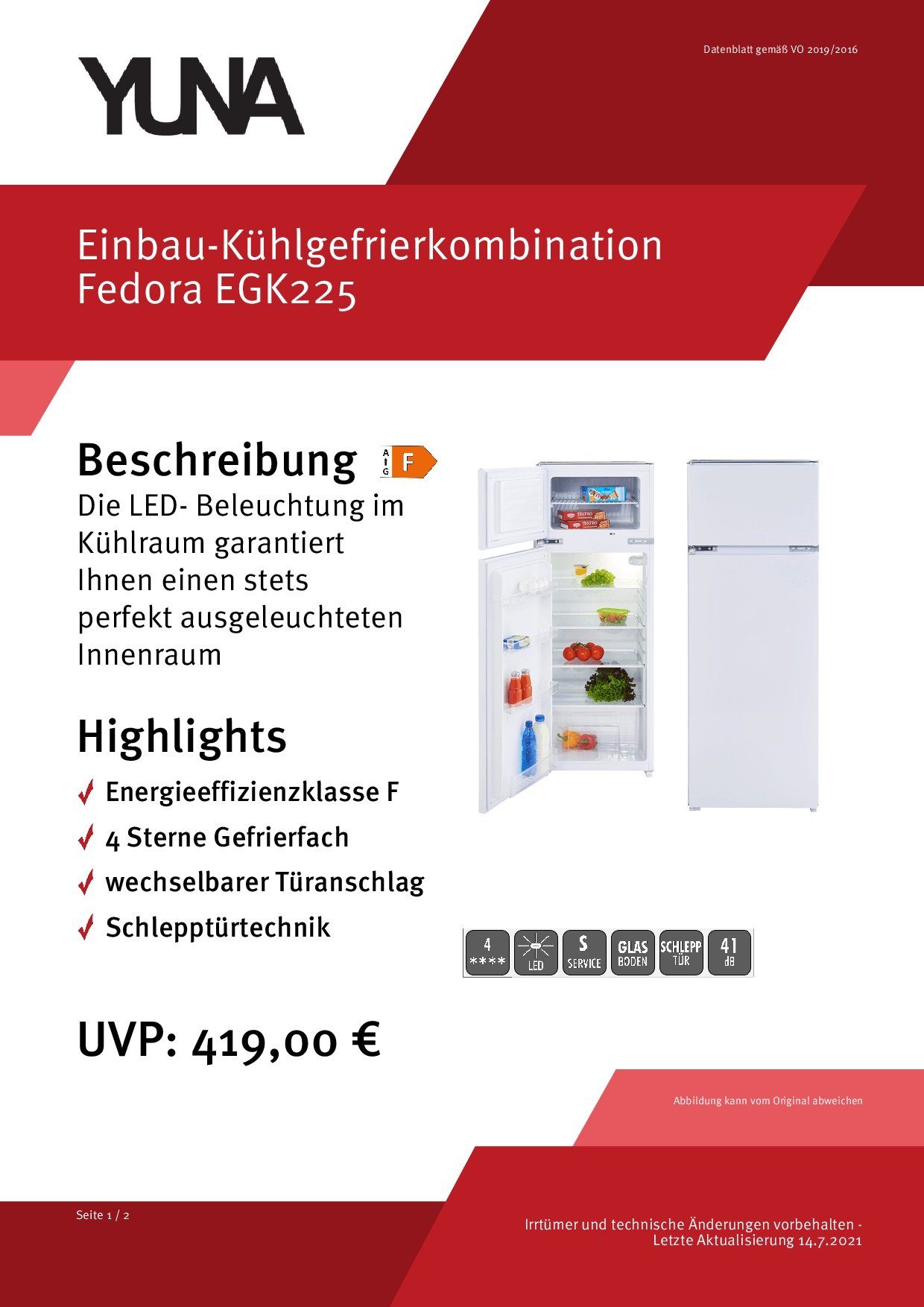 YUNA Einbaukühlgefrierkombination Fedora Fedora EGK225, 145 cm hoch, 145 cm hoch, 54 cm breit