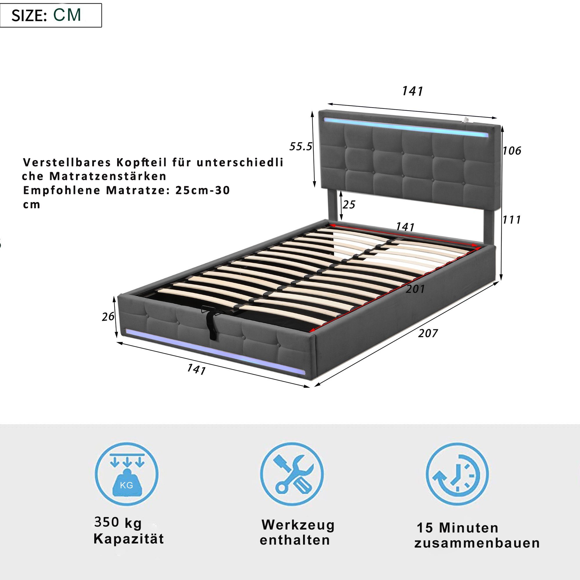 Flieks Polsterbett, LED Doppelbett Stauraumbett 2 USB-Anschluss 140x200cm Leinen