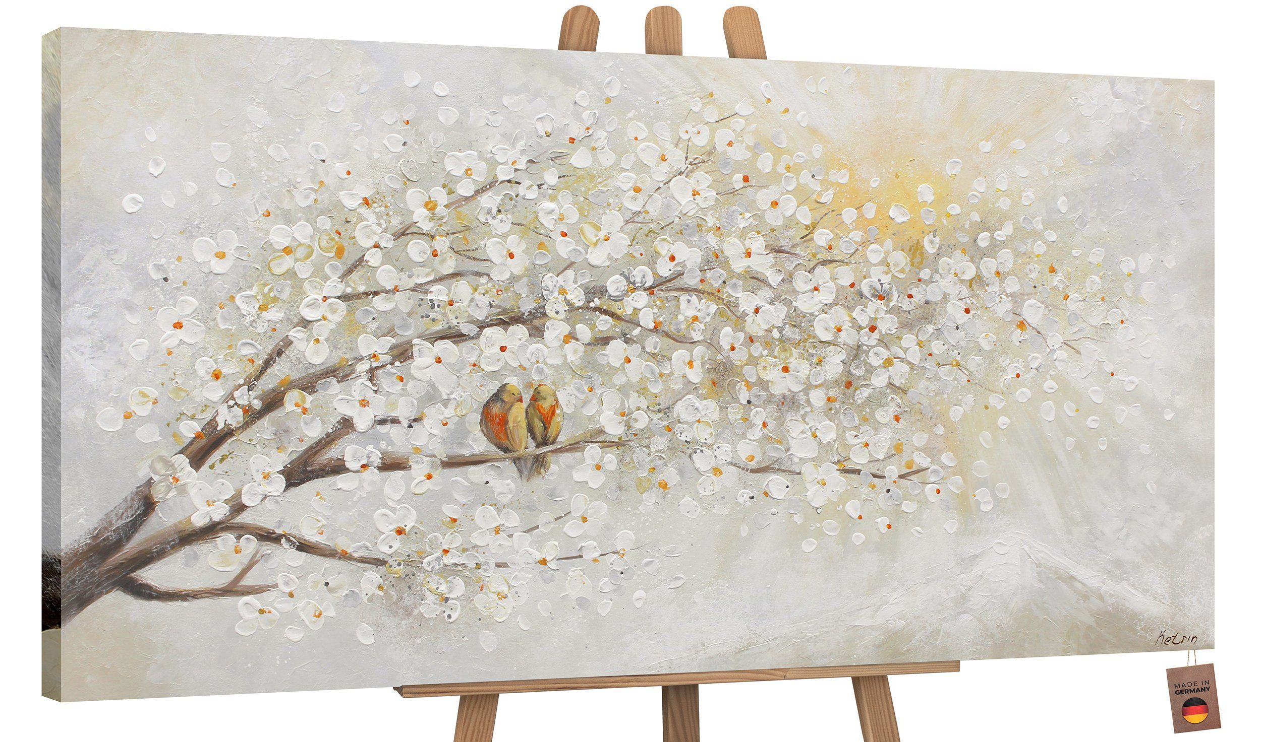 YS-Art Gemälde Sonnenaufgang, Natur, Leinwand Bild Handgemalt Zwei Vögel auf dem Baum Sonnenschein