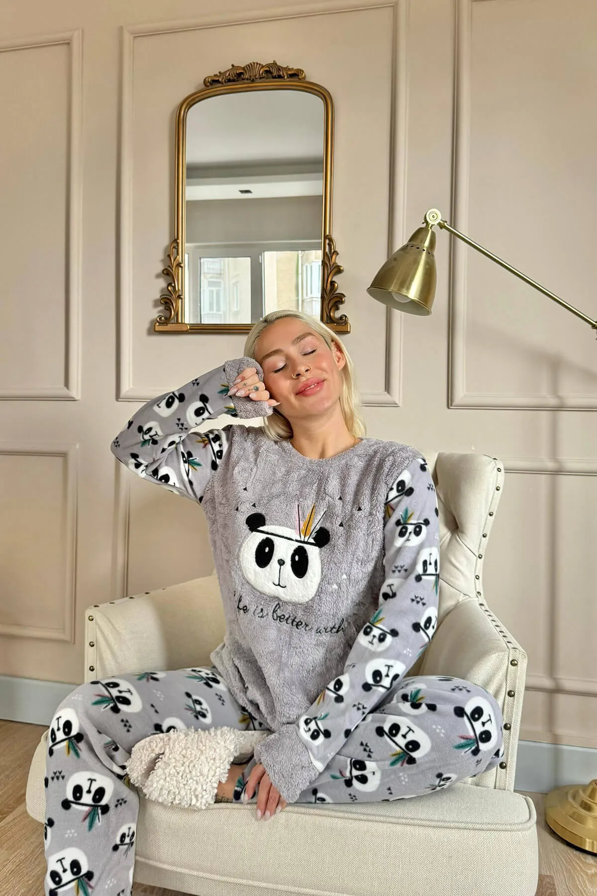 Pijamaevi  Damen-Pyjama-Set aus Plüsch mit Panda-Muster von Gray Life