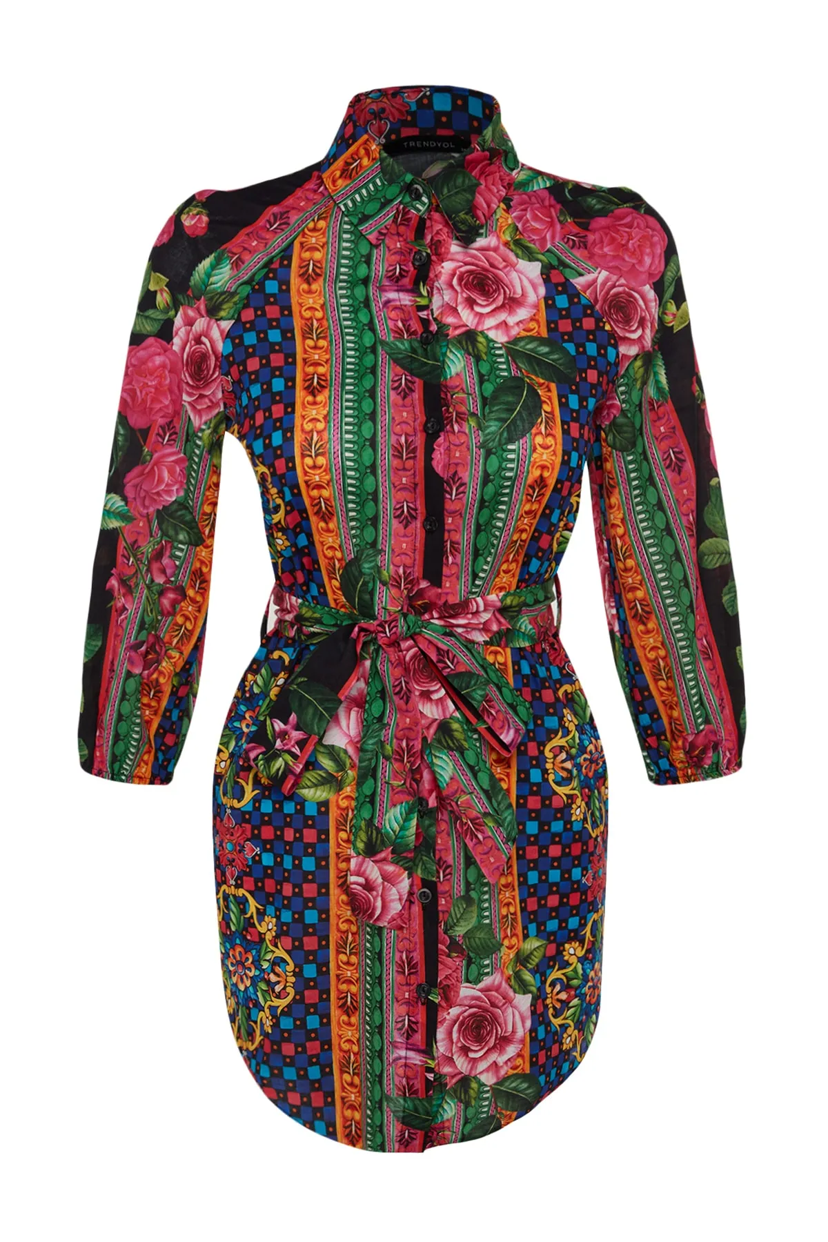 Trendyol Collection  Strandkleid aus 100 % Baumwolle mit Blumenmuster, gewebtem Mini-Strandkleid mit Ballonärmeln und Gürtel TBESS23EL00293
