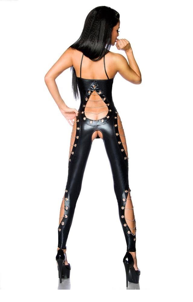 Saresia Catsuit Catsuit schwarz mit Metallkettchen Latexlook (1-tlg)