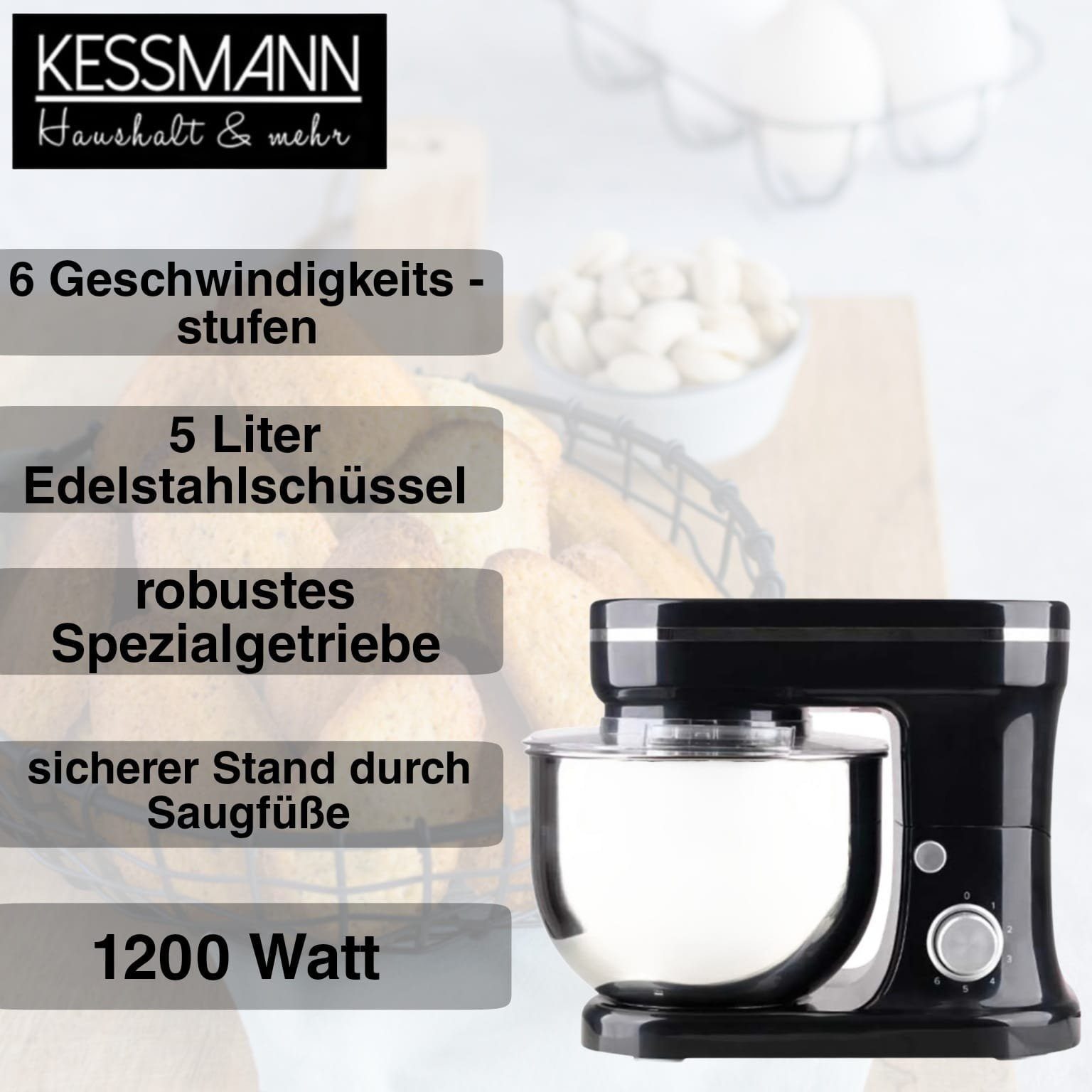 KESSMANN Schäfer Küchenmaschine 6 Stufen Edelstahl Schüssel Knetmaschine Rührgeräte & Mixer Küche, 1200,00 W, 5,00 l Schüssel, Inkl. Rührmaschine Knethaken Rührhaken Küchenmaschine für Teig Set