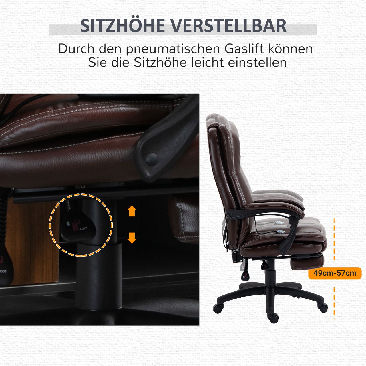 Vinsetto Bürostuhl Drehstuhl mit Massagefunktion Liegefunktion Braun
