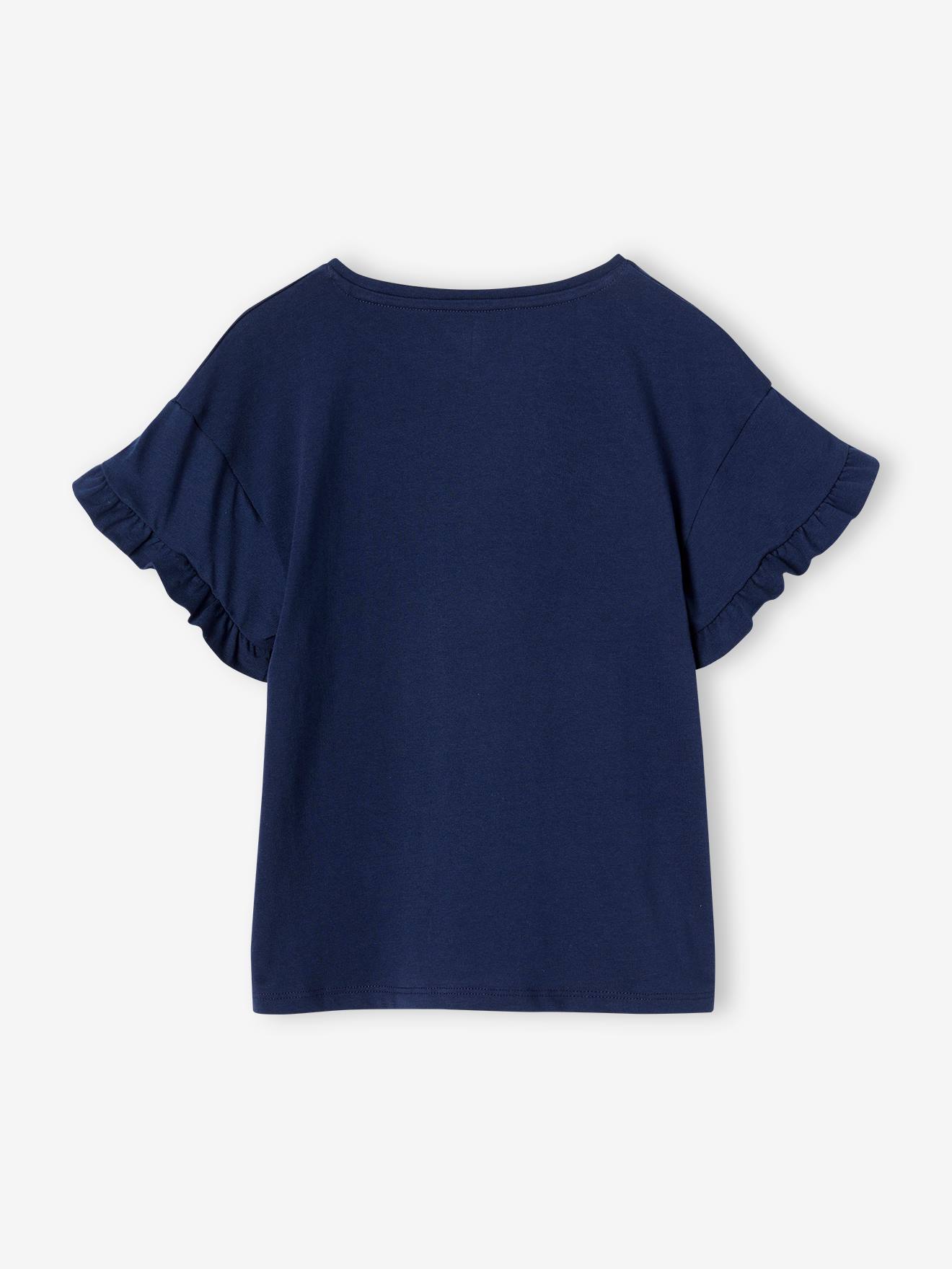 Vertbaudet Mädchen T-Shirt mit Paillettenherz - blau gestreift
