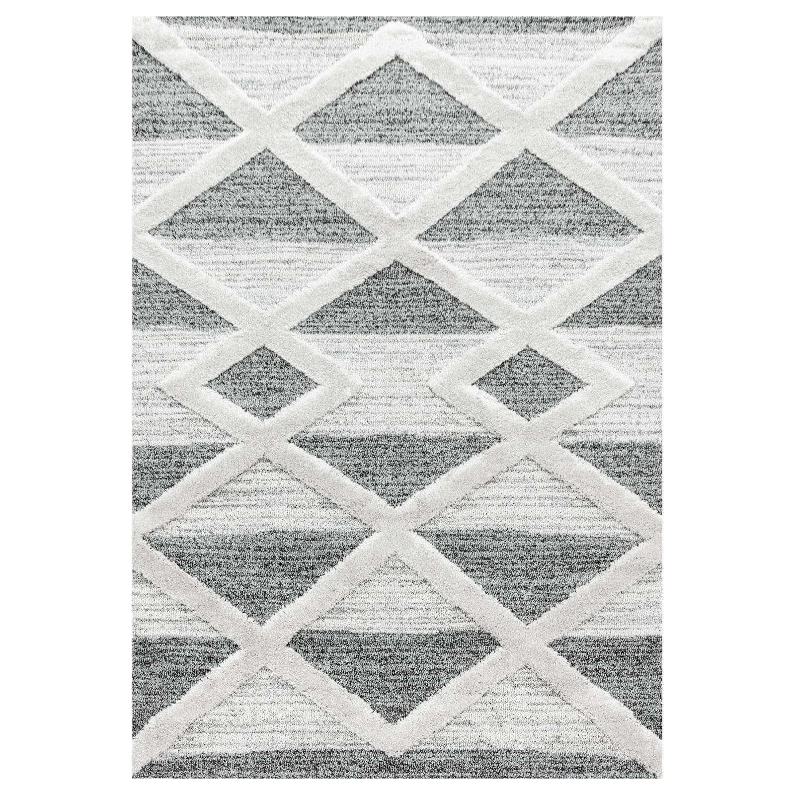 Designteppich Designerteppich Tokio hoch-tief Struktur Rauten weiß-grau, TaraCarpet, rechteckig, Höhe: 20 mm, moderner scandi boho Rauten weiß Wohnzimmer Schlafzimmer Flur 080x150