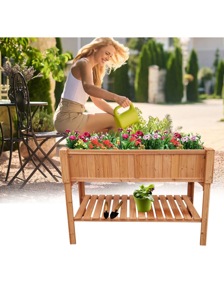 Coemo Hochbeet aus Holz mit Pflanzfolie und Ablage in Natur günstig kaufen