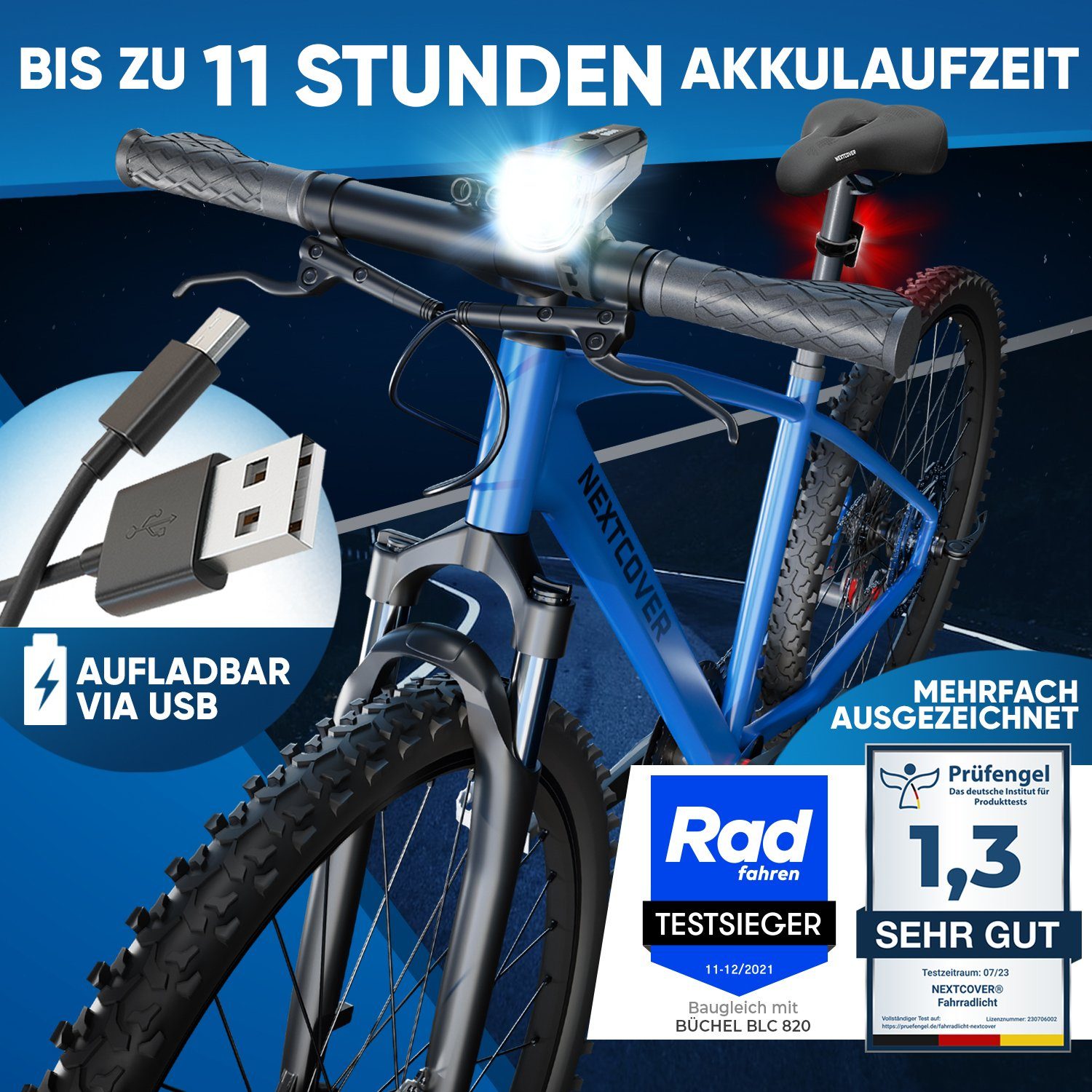 Nextcover Fahrradbeleuchtung NEXTCOVER® Fahrradlicht Set mit [LightSense] Sensor & 11h Akkulaufzeit