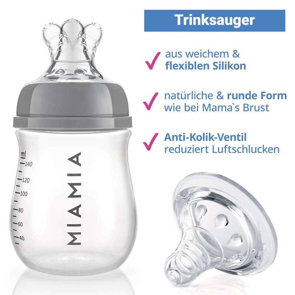 MiaMia Babyflasche PP-Flasche - Grau, 4er Pack Babyflasche 140 ml & 260ml + Silikon-Trinksauger Größe S