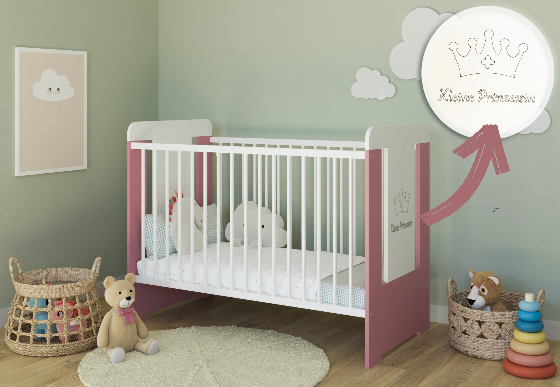 Kids Collective Babybett Gitterbett höhenverstellbar, herausnehmbare Sprossen, Kleine Prinzessin Gravur 60x120 weiss pink, optional mit Matratze